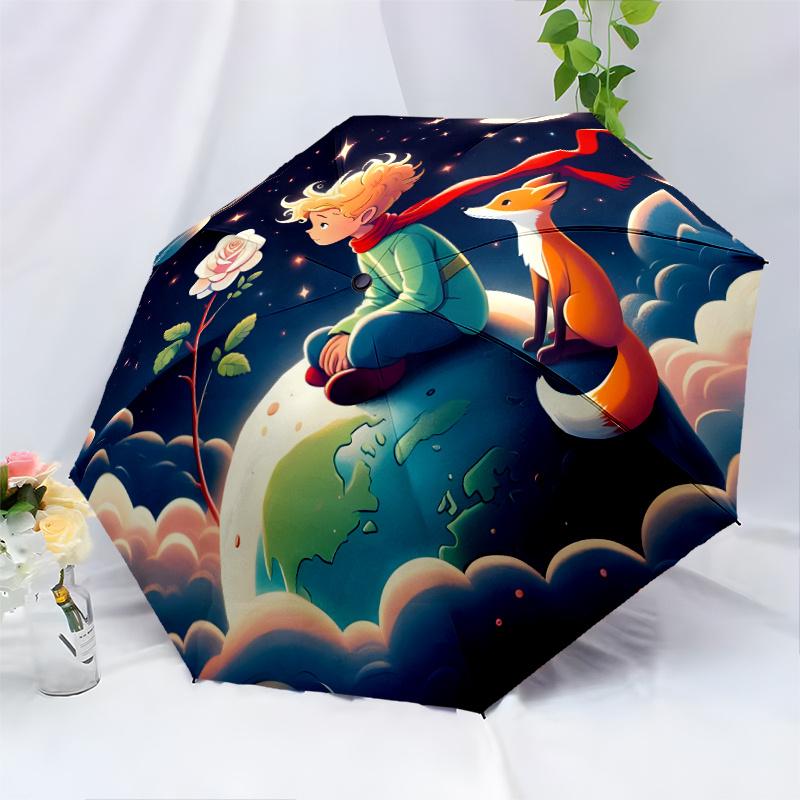 Little Prince Fox Rose Moon Stars Themed Travel Umbrella 8 Ribs Automatic Opening And Closing Durable Folding Design Compact And Stylish Suitable For