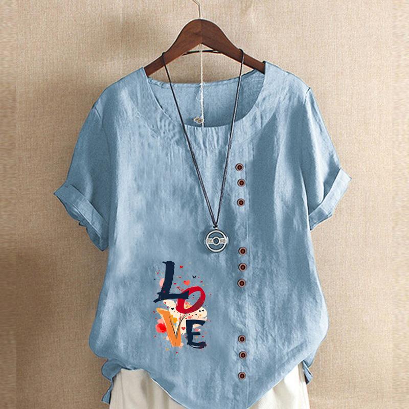 

Жіноча мода Футболка з коротким рукавом з принтом «Листи кохання», Вільна бавовняна сорочка, Повсякденна вільна літня блузка, Топи великого розміру 5XL синій