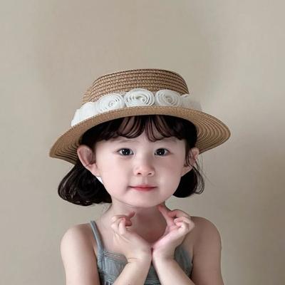 French Baby Straw Caps Beach Children Sun Hat New Flower Lace Straw Hat  for Girls