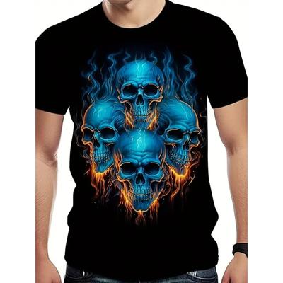 Taglie Europee T-shirt da Uomo con Stampa Teschio & Fiamme - Nera con Grafica Blu & Arancione, Vestibilità Regolare Girocollo Manica Corta, Casual & Halloween/Natale