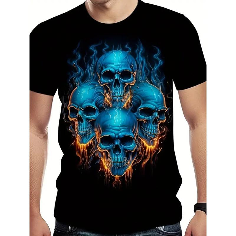 

European sizes Men S Skull & Flame Print T-Shirt - Black with Blue & Orange Graphic, Regular Fit Crew Neck Short Sleeve, Casual & Halloween/Christmas 4XL чорний