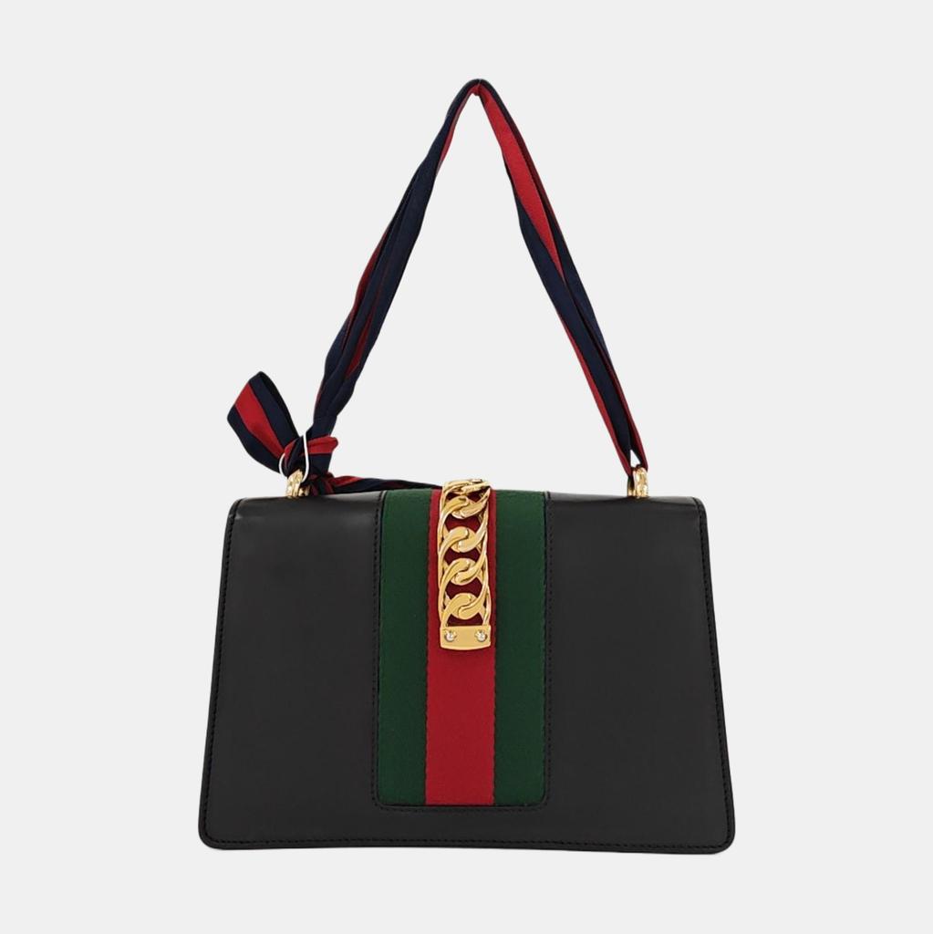 [Pre-Owned] Sylvie Gold Buckle Striped Web Satin Bow Wide Shoulder Strap Leather Handbag Crossbody Bag Shoulder Bag Small - Very Good #I98IOH