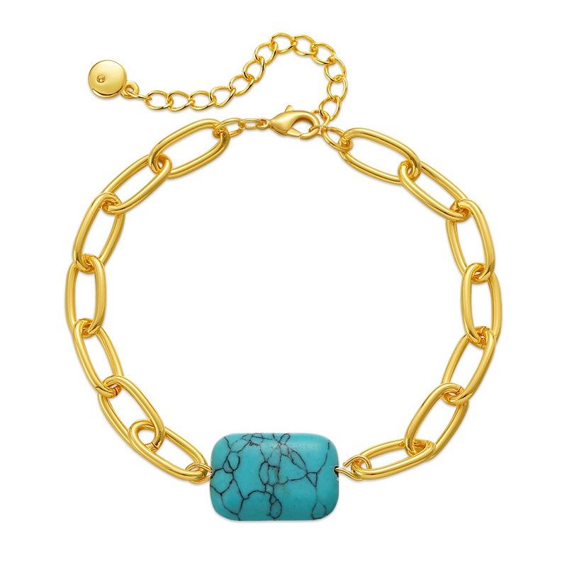 K Gold Plated Brass Square Turquoise Hollow Thick Chain Adjustable Trendy Bracelet For Women