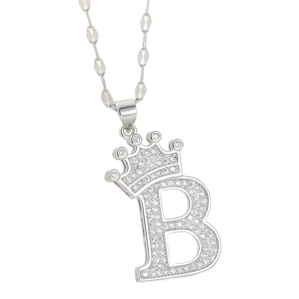 Copper Micro-Inlaid Zircon Crown Letter Pendant Necklace - Hip-Hop Silver Fashion
