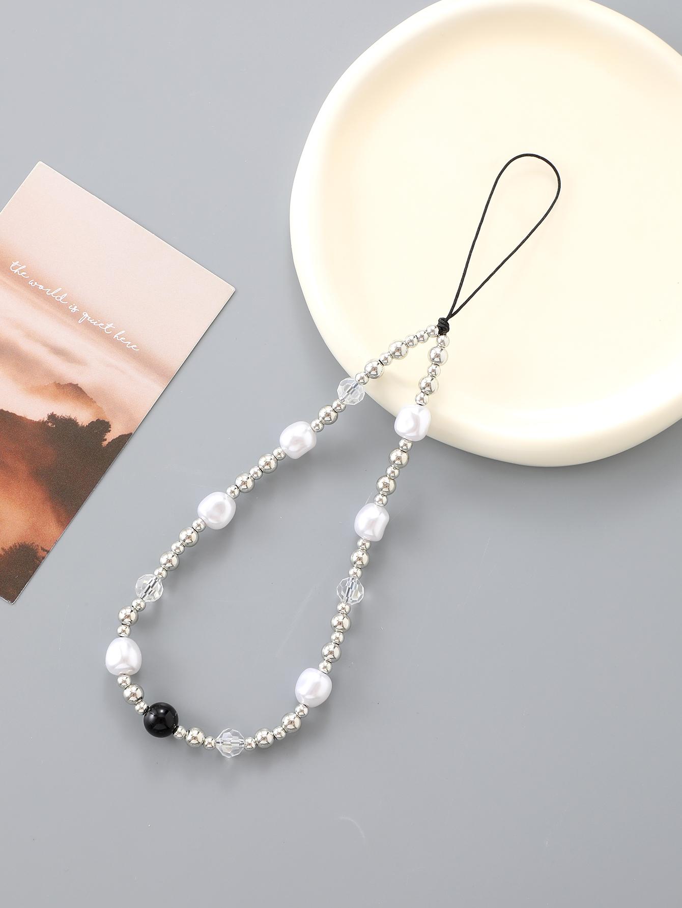 

New Silver Plated Rice Pearl Phone Chain, Fashionable And Versatile, Shaped Pearl Phone Pendant ABS
