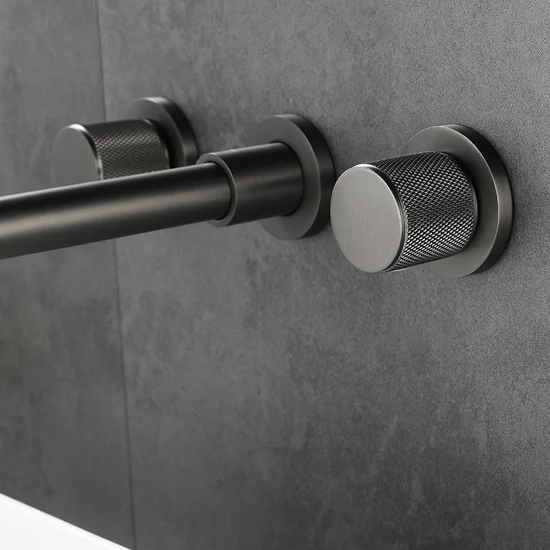 Bathroom Basin Faucet Brushed Gold/Black 2-Handle 3-Hole Wall Mounted Bathroom Sink Faucet Knurling Handle