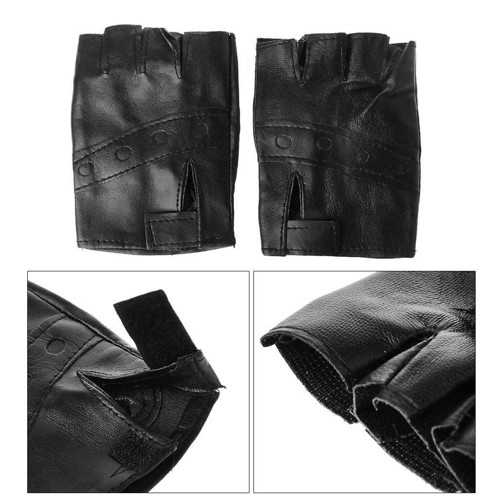 Black Half Finger Motorcycle Mittens Solid Color Faux Leather Gloves for Unisex