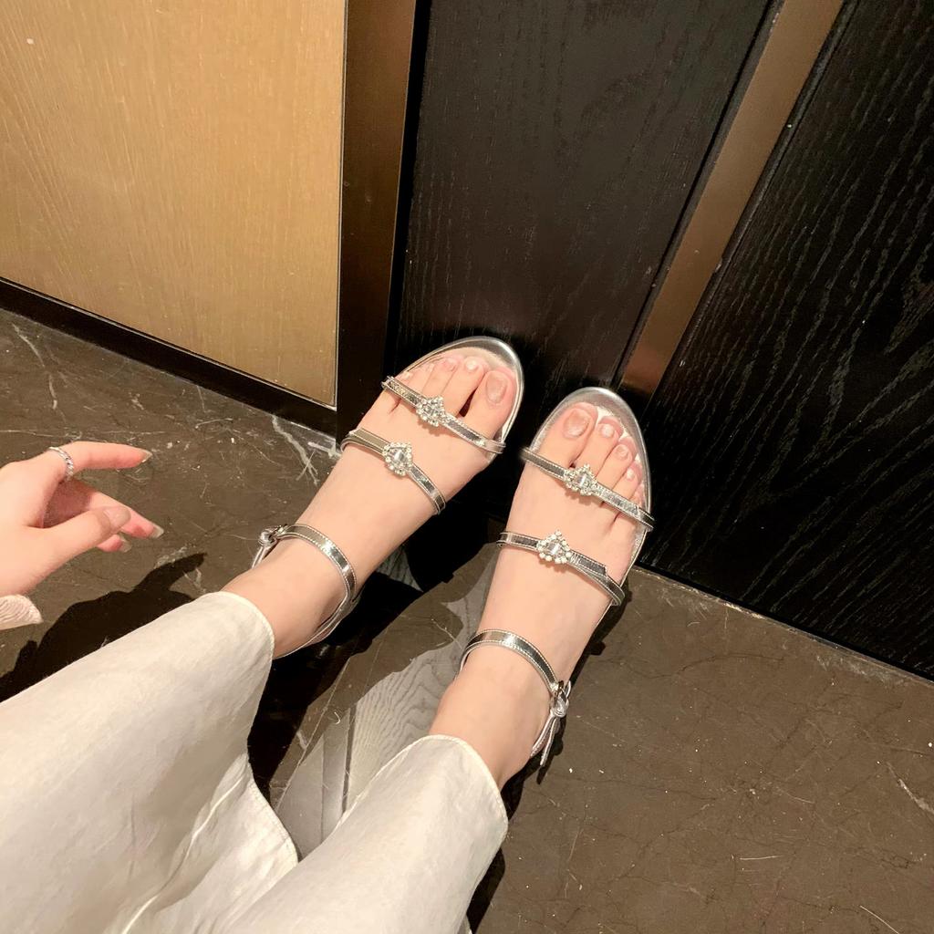 Sheepskin Version~ Round Head Double Word with Love Diamond Buckle Adjustable Flat Sandals Women's Leather Thick Heel High Heel Sandals