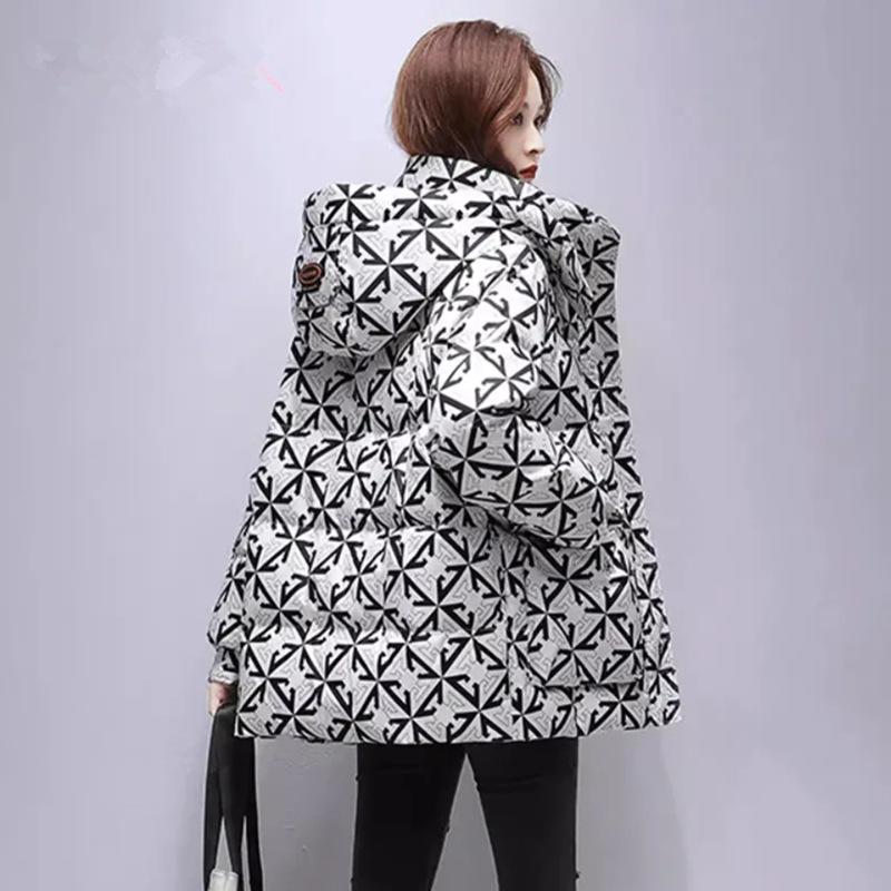 Women's Autumn and Winter Short Length Plus Plus Size Plus Plush Thick Warm Coat Printed Hooded Stand Up Collar Zipper Versatile Coat