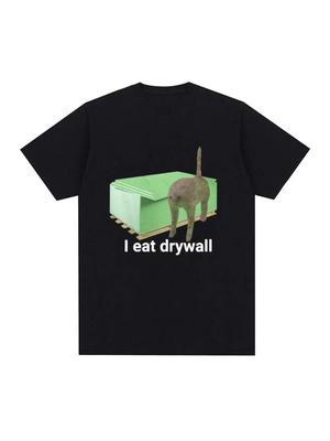 Men's Funny 'I Eat Drywall' Graphic T-Shirt Novelty Cat Eating Drywall Design Soft Crew Neck Tee for Casual Attire Parties Gifts