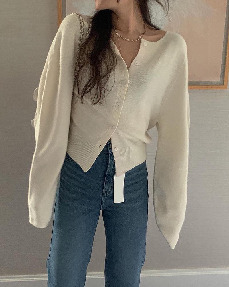 Women's Baby Blue Patchwork Single-Breasted Knitted Cardigan – Korean Style, Autumn Casualwear