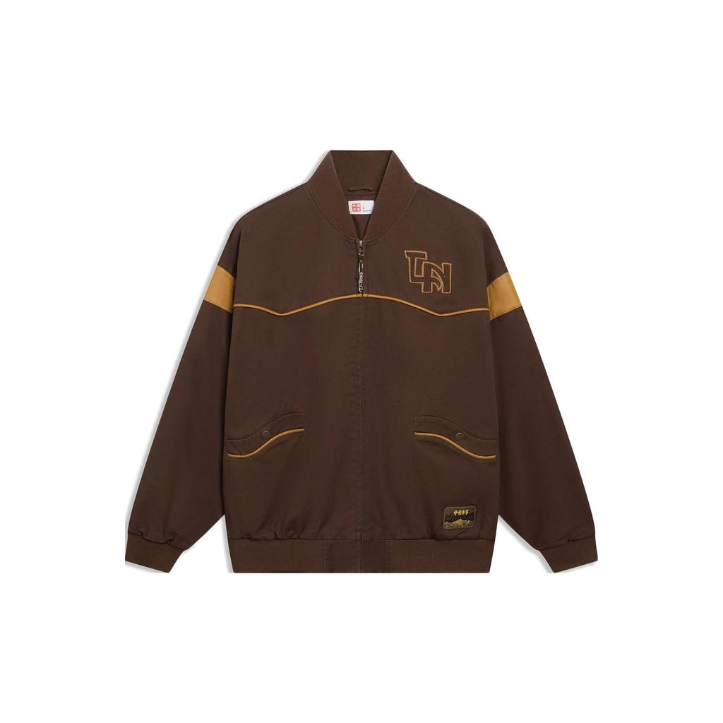 Li Ning Letter Print Color Block V-Neck Loose Casual Jacket Men Jacket Brown AFDT155-1