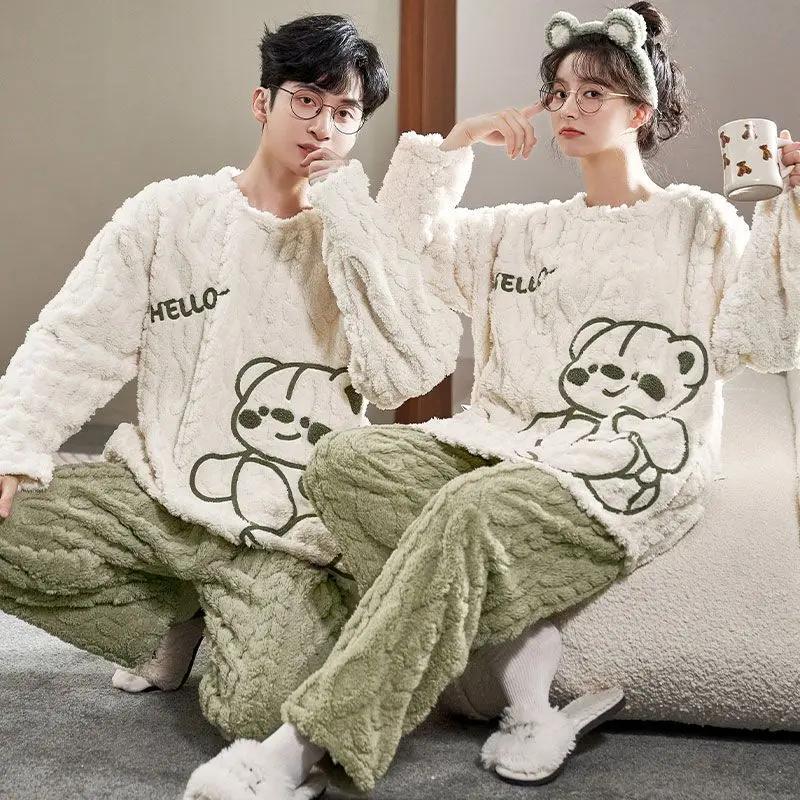 New Coral Velvet Couple Pajamas Women Thickened Autumn Winter Sleepwear Plus Velvet Flannel Men Round Collar Homewear Suit