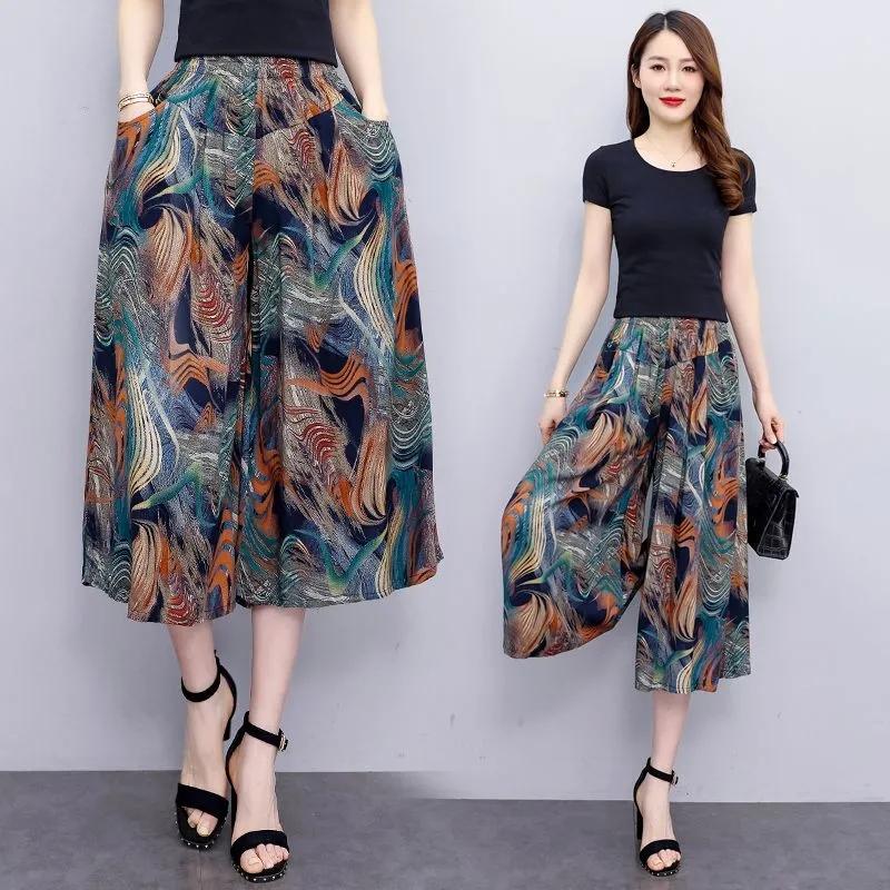 Summer Wide Leg Pants Women Ethnic Style Elastic High Waist Print Pants Female Casual Summer Calf-Length Pants Skirts