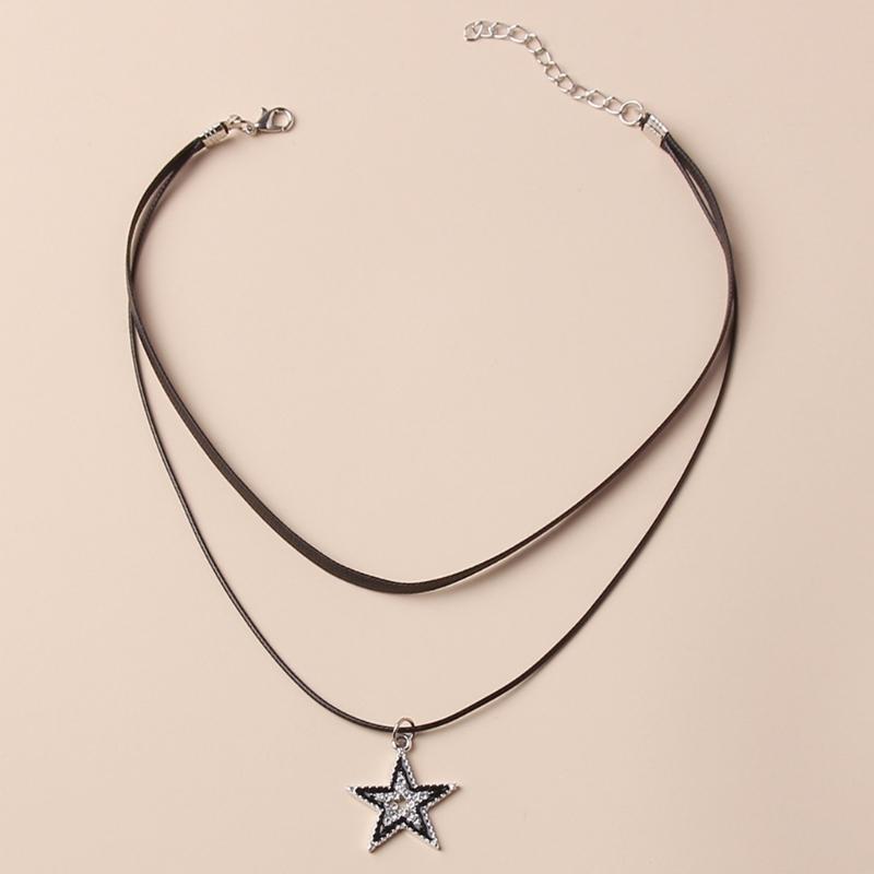 Niche Double Layer Leathers Rope Alloy Five-Pointed Star Necklace Female Hip-hop Cold Wind Long Sweater Neck Chain