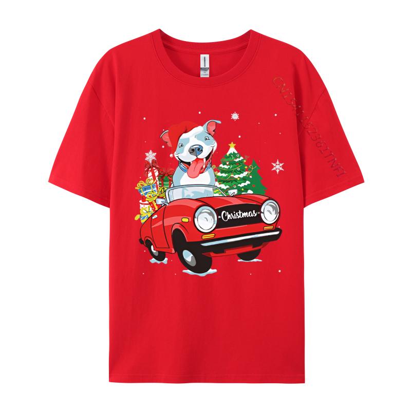Cute Pitbull Dog Santa Hat Red Car Christmas T Shirt Tees High Quality Cotton Printed Gift T Shirt Men 100 Cotton