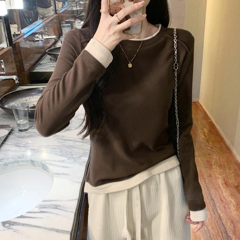 2026 Spring Women's Slim Fit Round Neck Color Block Long Sleeve Fake Two-Piece Layered T-shirt