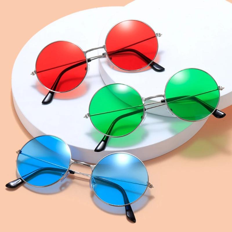 Óculos de sol retrô pequenos e redondos hippie, óculos de sol da moda com armação de metal circular, óculos de sol para festa discoteca, lentes coloridas doces para mulheres e homens