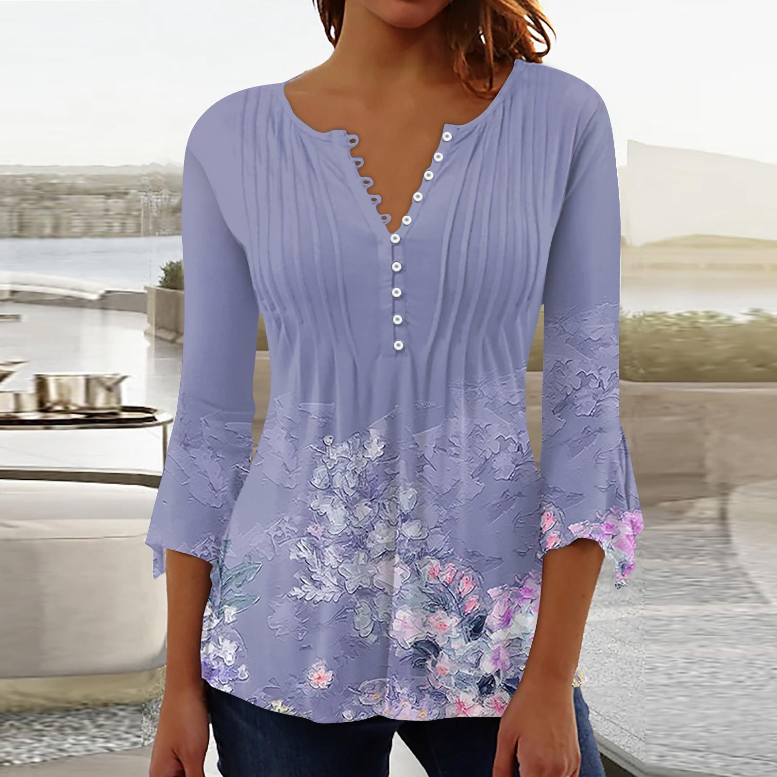 

Рубашки на пуговицах для женщин, туника с цветочным принтом, летние топы, нарядные повседневные весенние блузки с рукавом 3/4 и v-образным вырезом XXXL светло-фиолетовый