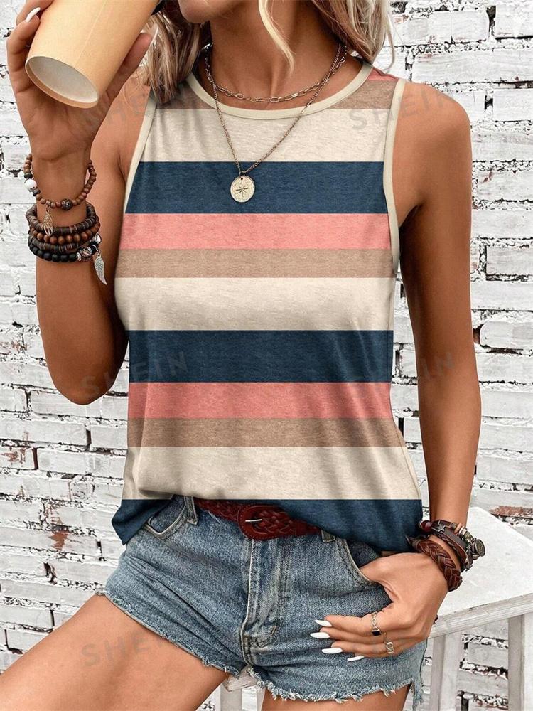 2026 New Striped Print Women's Elegant Tank Top Summer Street Fashion Tank Top Everyday Casual Women's Sleeveless T-shirt