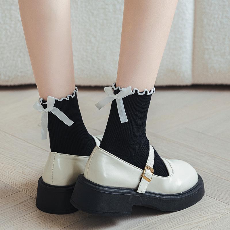 Japanese JK Sweet Bowknot Tied Middle Tube Socks Women Heel Bow Socks Casual Black White Pile Socks Girls Sports Cotton Socks