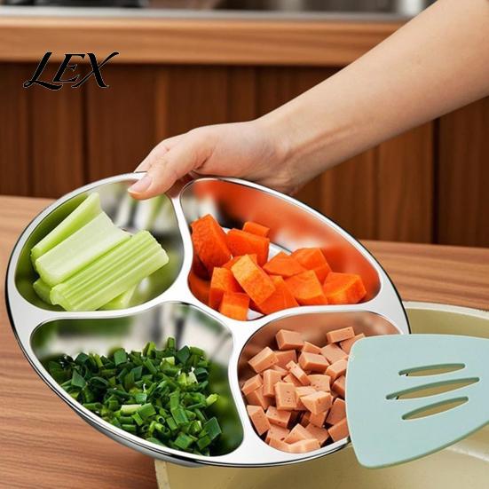 Rutschfeste Basis, geteilte Schale, Edelstahlplatte, Metall-Essensschale mit 4 Fächern, portionenkontrollierende, ergonomische, abgerundete Kante, Speiseplatte und Diätmanagement
