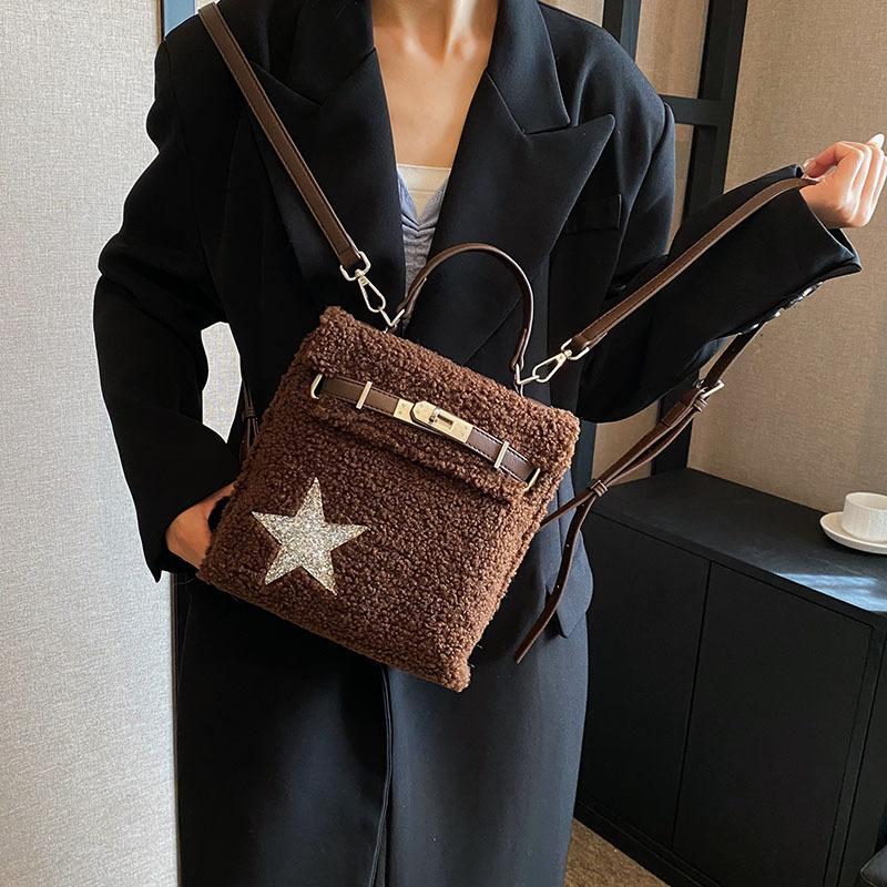 Winter Lamb Wool Backpack Women'S Niche Fashion Large-Capacity Briefcase High-End Versatile Women'S Bag