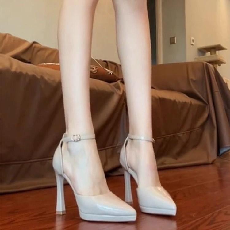 One word with bag head sandals temperament spring and autumn thick heel waterproof table strap high heel sandals French nude pointed head