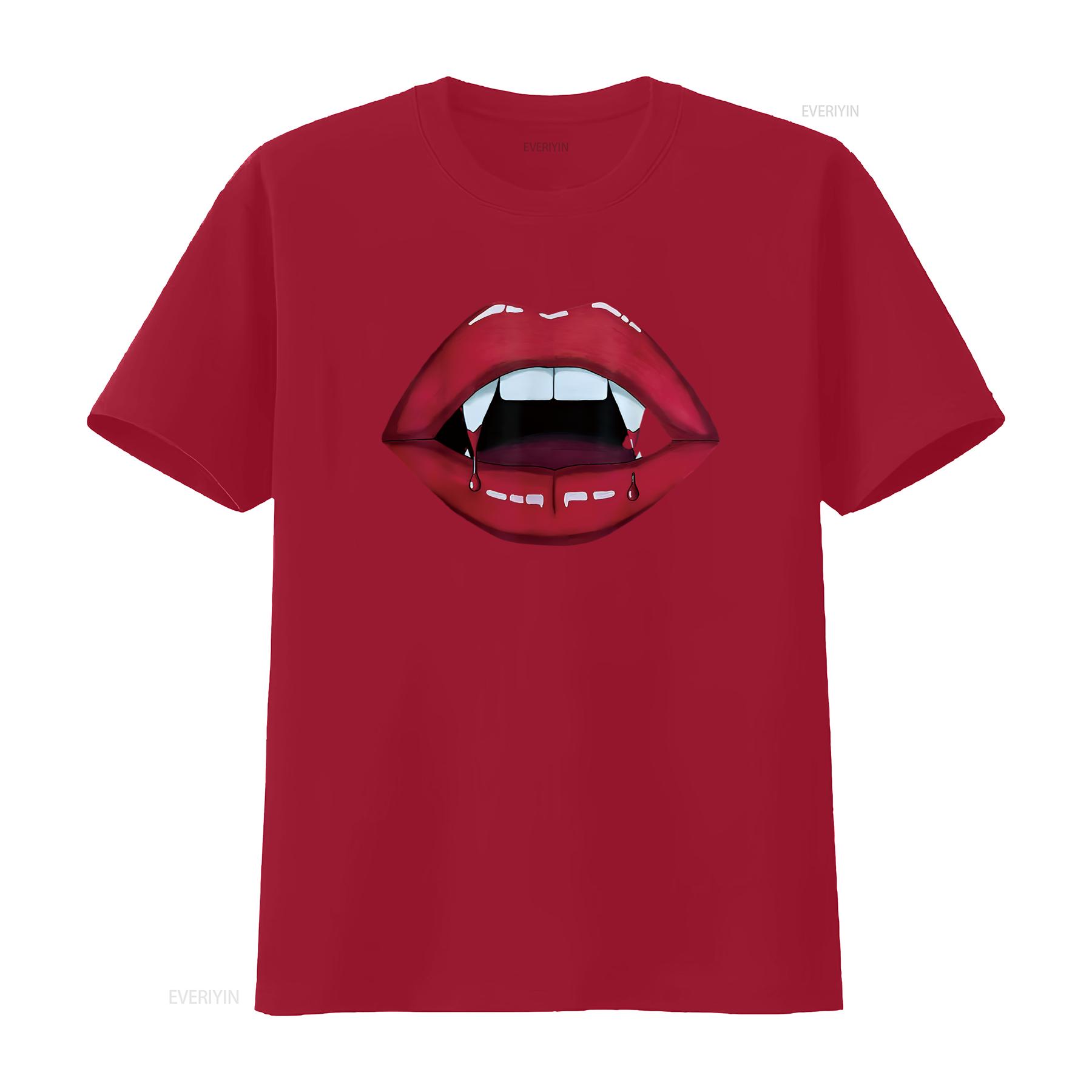 Womens Sexy Woman Vampire Mouth Blood Fangs T Shirtth Bright Red Lips Shirt Black 2XL vintage Washed fashion Stretched S