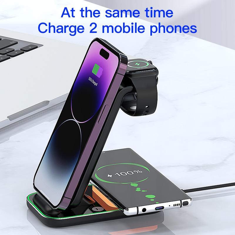 YF-A6 3 în 1 15W Încărcător Wireless cu Bobină Dublă cu Lumină de Noapte pentru iPhone/Apple Watch/Suport de Încărcare AirPods