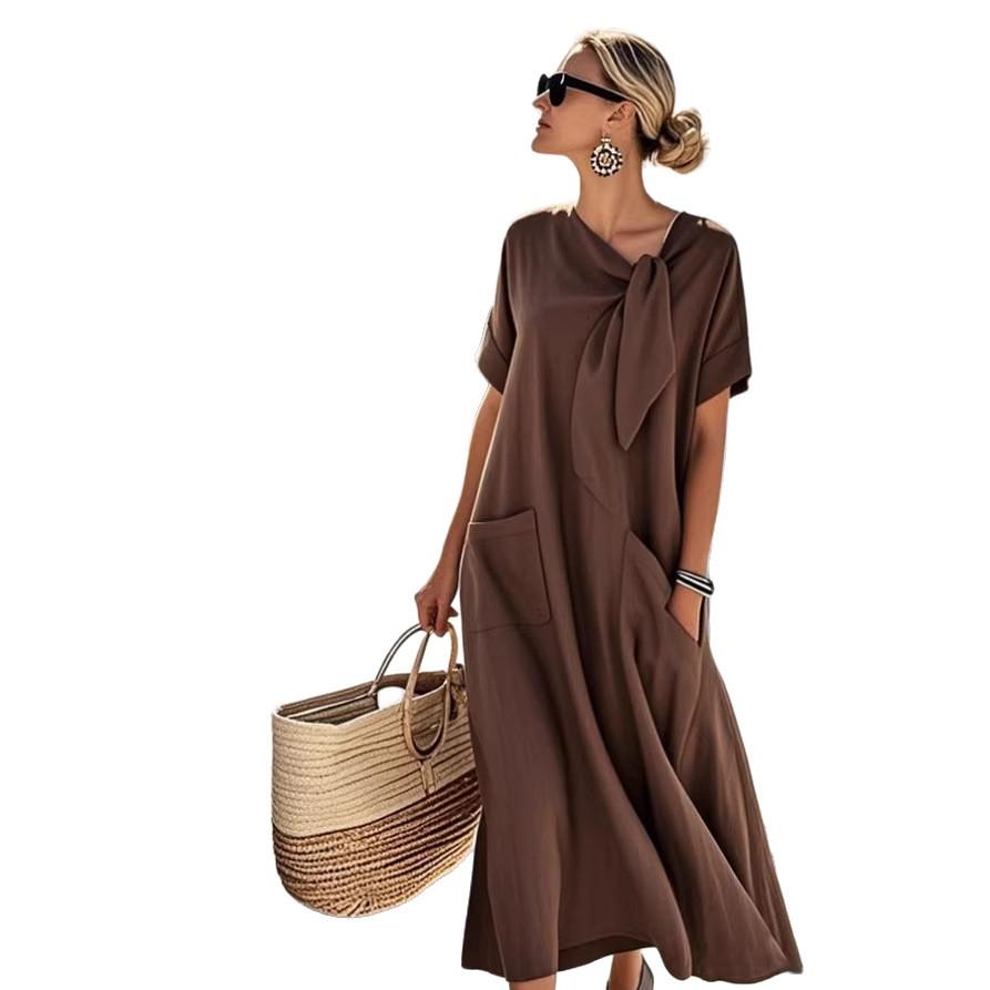 2026 Elegant Bow Pocket Short-Sleeved Loose Long Dress for Spring and Summer