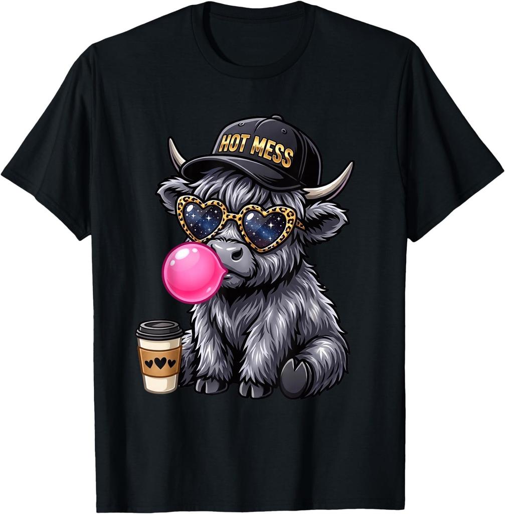 Hot Mess Highland Cow Blowing Bubblegum Cute Coffee Lover