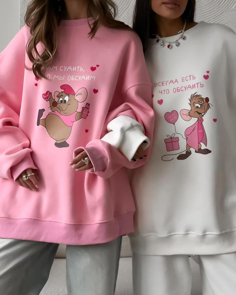 2024 Women's Retro Color Block Round Neck Hoodie - Autumn Lazy Style with Cute Print