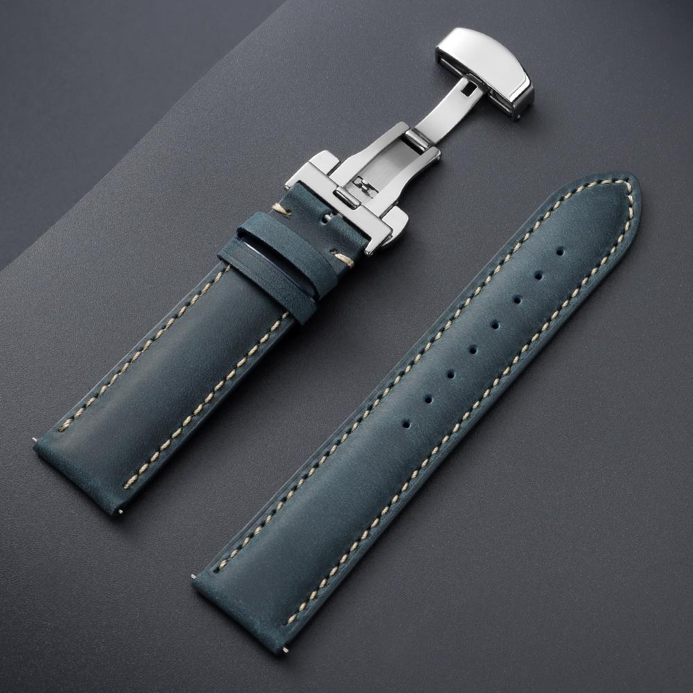 Genuine Calfskin Leather Watchband 14/16/18/20/22/24mm Butterfly Clasp Stitching Straps for Omega Business Watch Band for Seiko