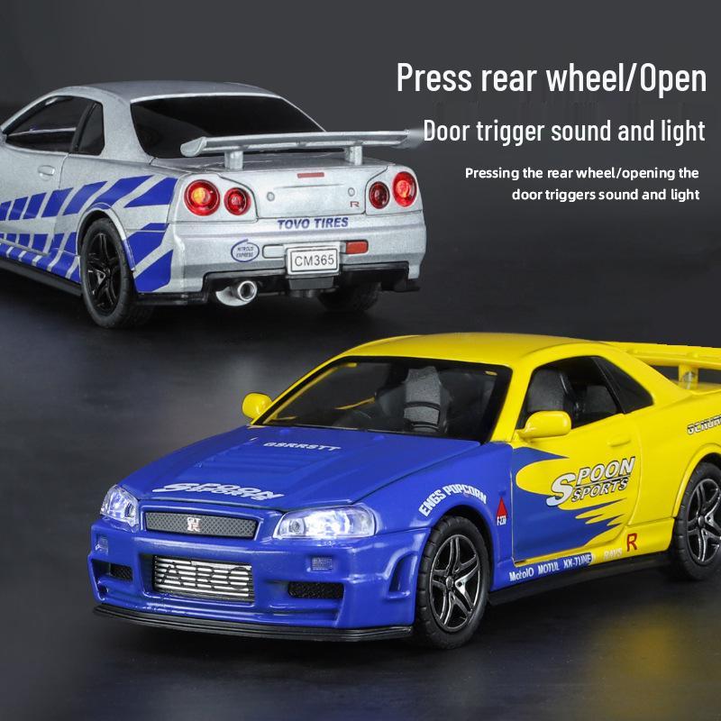 1:32 GTR R34 Low-Rider Sports Car Model with Opening Doors, Four-Wheel Suspension, Alloy Build, Sound and Light, Pull-Back Simulation