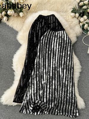Długa spódnica z błyszczącymi cekinami dla kobiet letnia jesienna odzież uliczna spódnica liniowa Lady Chic Bling Bling spódnice