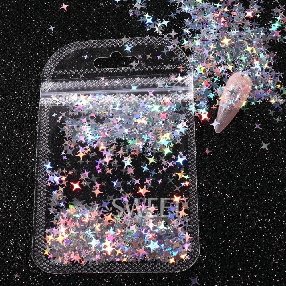 Holographic Star Shaped Nail Patch Laser Silver Four Corner Star Nail Glitter Laser Flash Shiny Film Nail Decoration