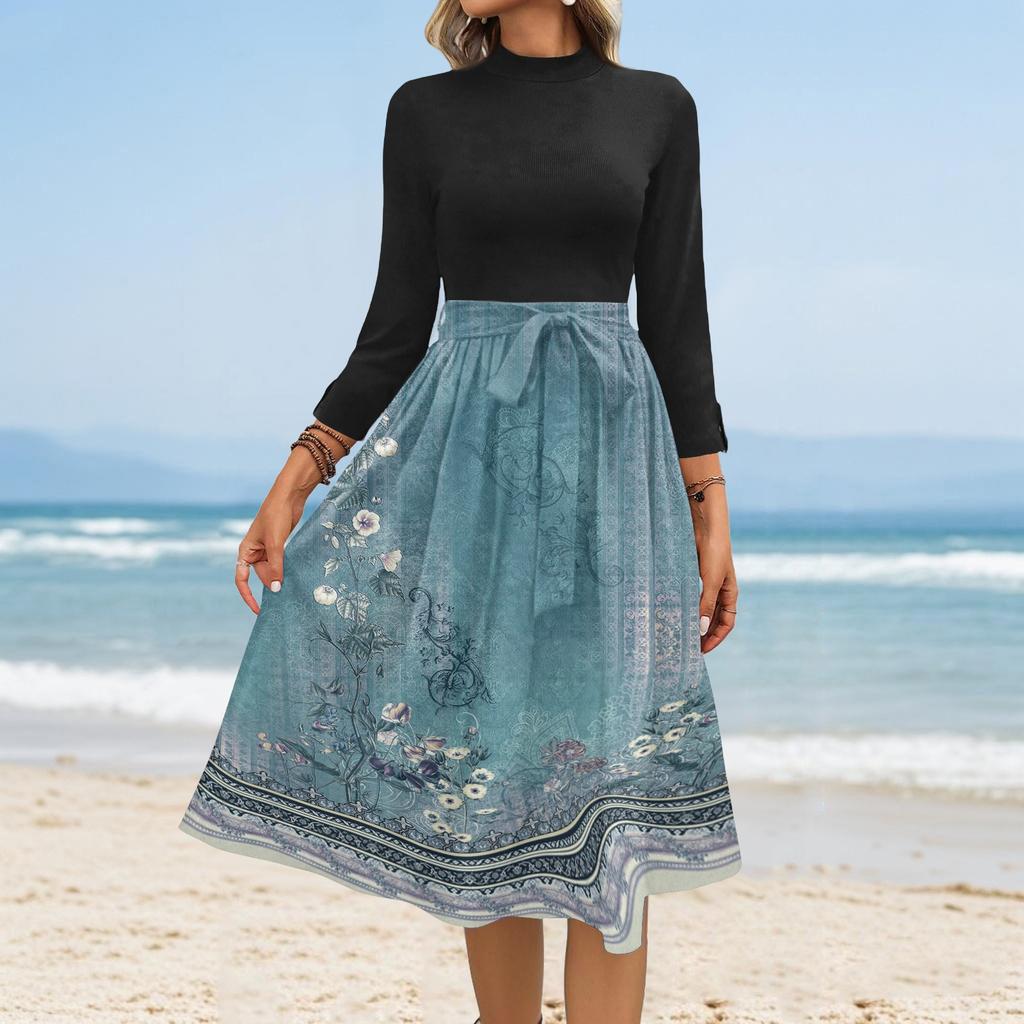 Women's Fashion Casual Belt Seven Sleeve Round Neck Floral Temperament Dresses