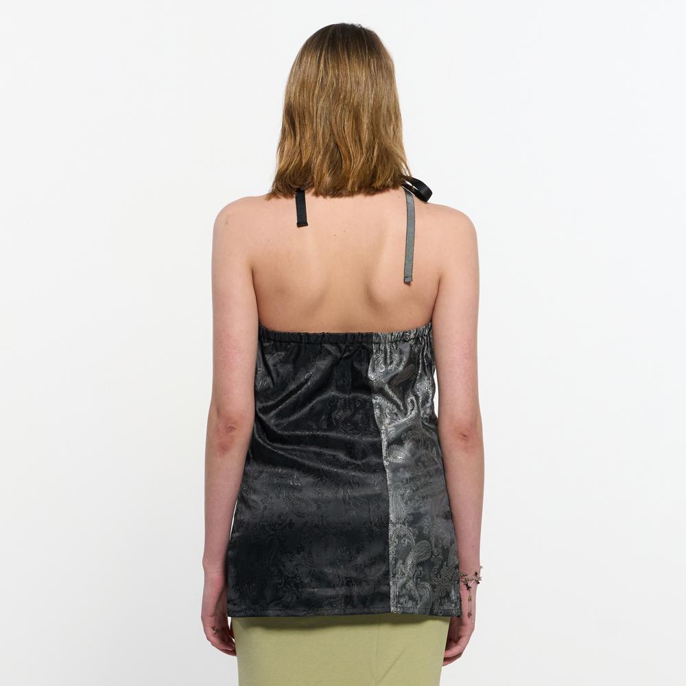 Kimjisu Two Tone Ribbon Paisely Halter-Neck Top _ Black