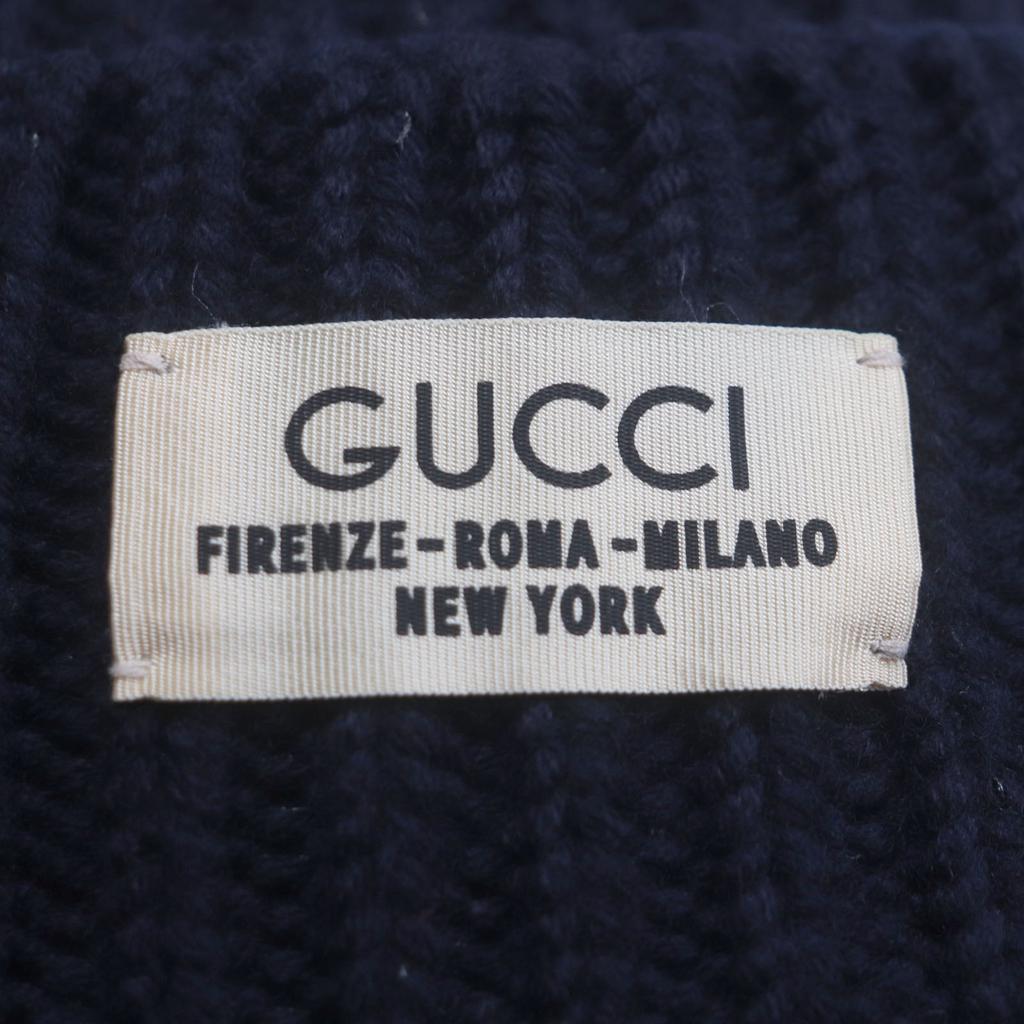 Great GUCCI Knit Cap Hat with Logo Patch Navy Wool Mens M 759059 Used