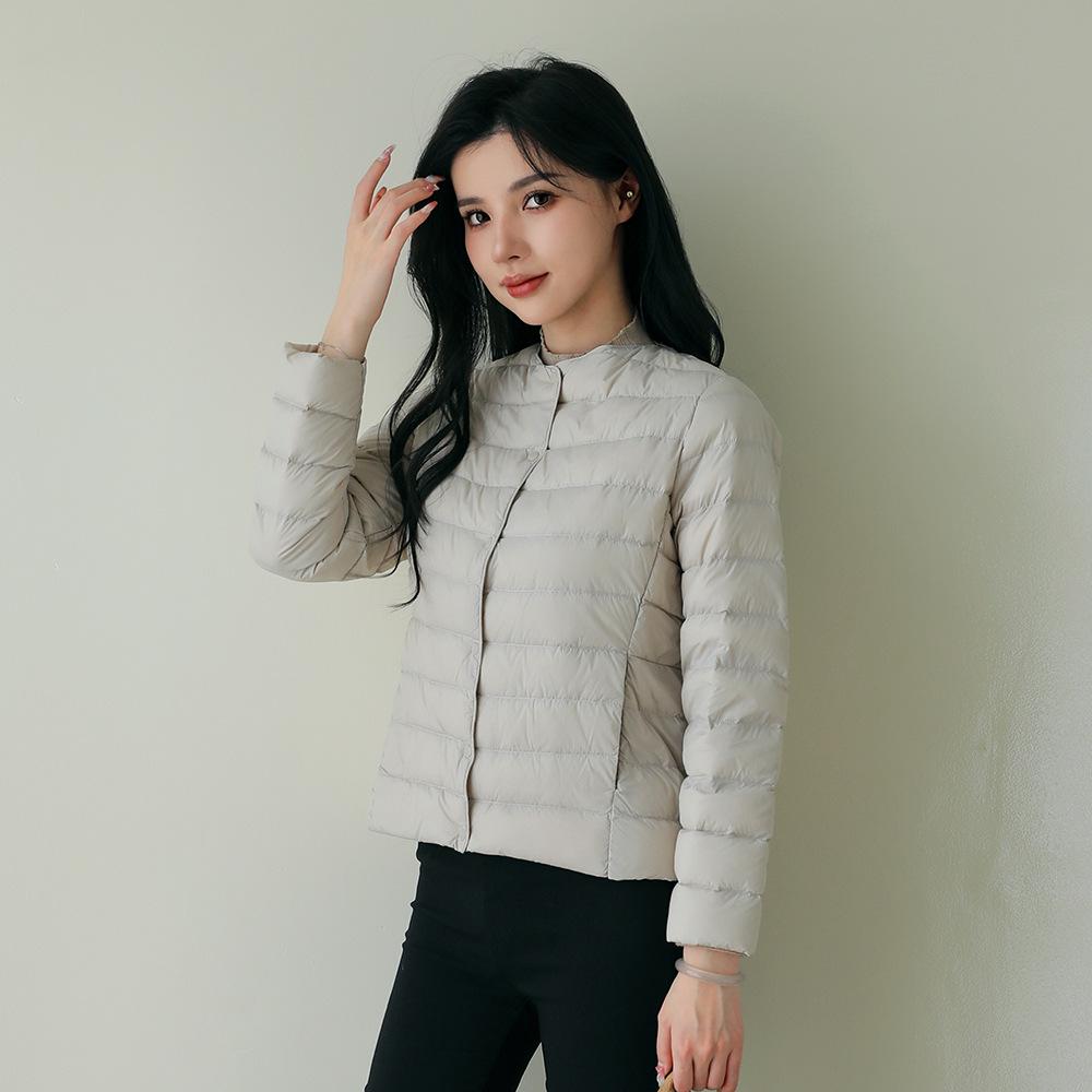 Women's Lightweight Pinghu White Duck Down Jacket, Collarless, Round Neck, Autumn/Winter Outerwear