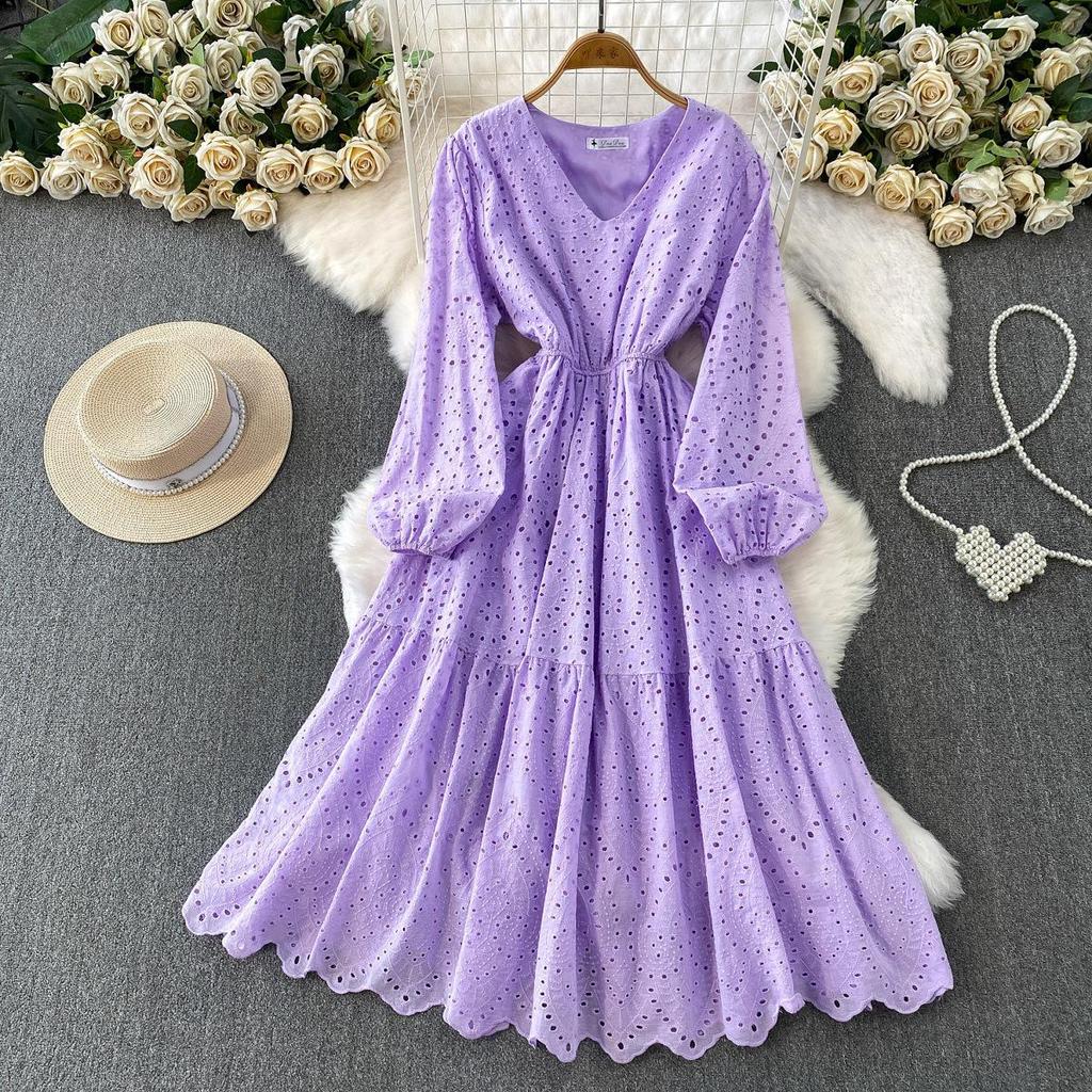 French Pink V-Neck Embroidered Ruffle Dress: Women's Autumn/Winter Waist-Cinching Long Dress