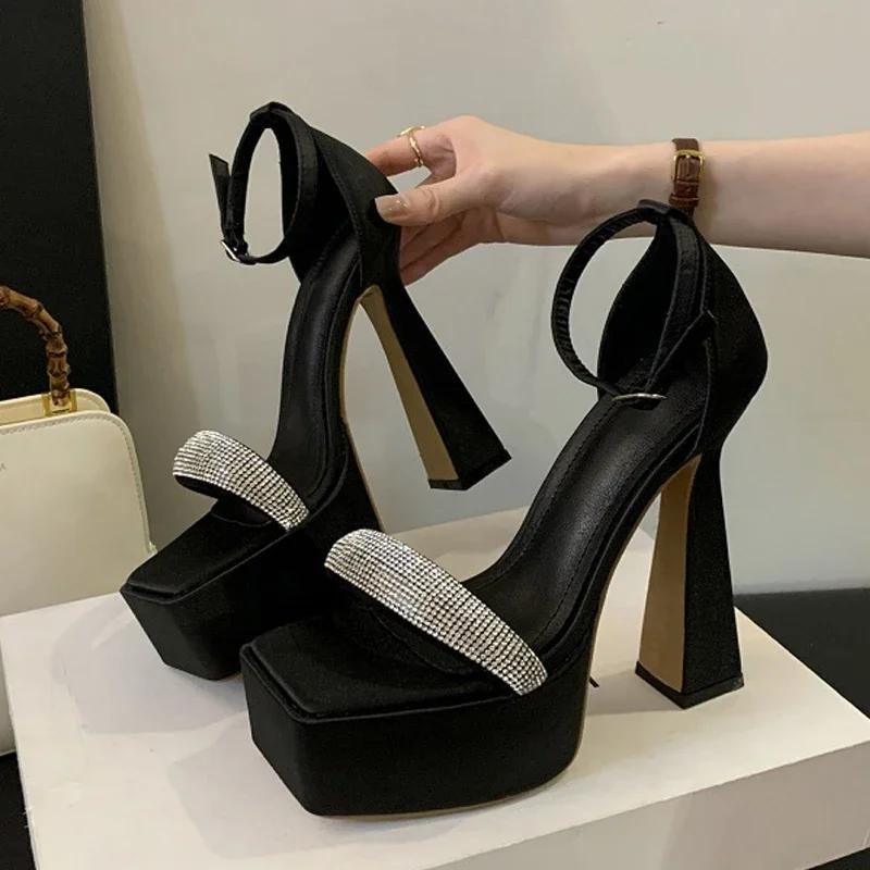 Eilyken Summer CRYSTAL Buckle Strap Square Toe Women Sandals Sexy Platform High Heel Nightclub Ladies Shoes