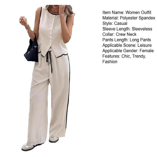 Women Summer 2 Piece Outfits Sleeveless Button Down Vest Wide Leg Pants Sets Casual Business Work Matching Set