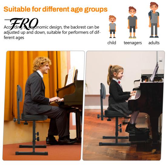Piano Stool H-style Bench, 5 Height Adjustable Chair with Black Padded Practice Seat Cushion, Music Keyboard Bench Backrest for Musicians Kids Adults