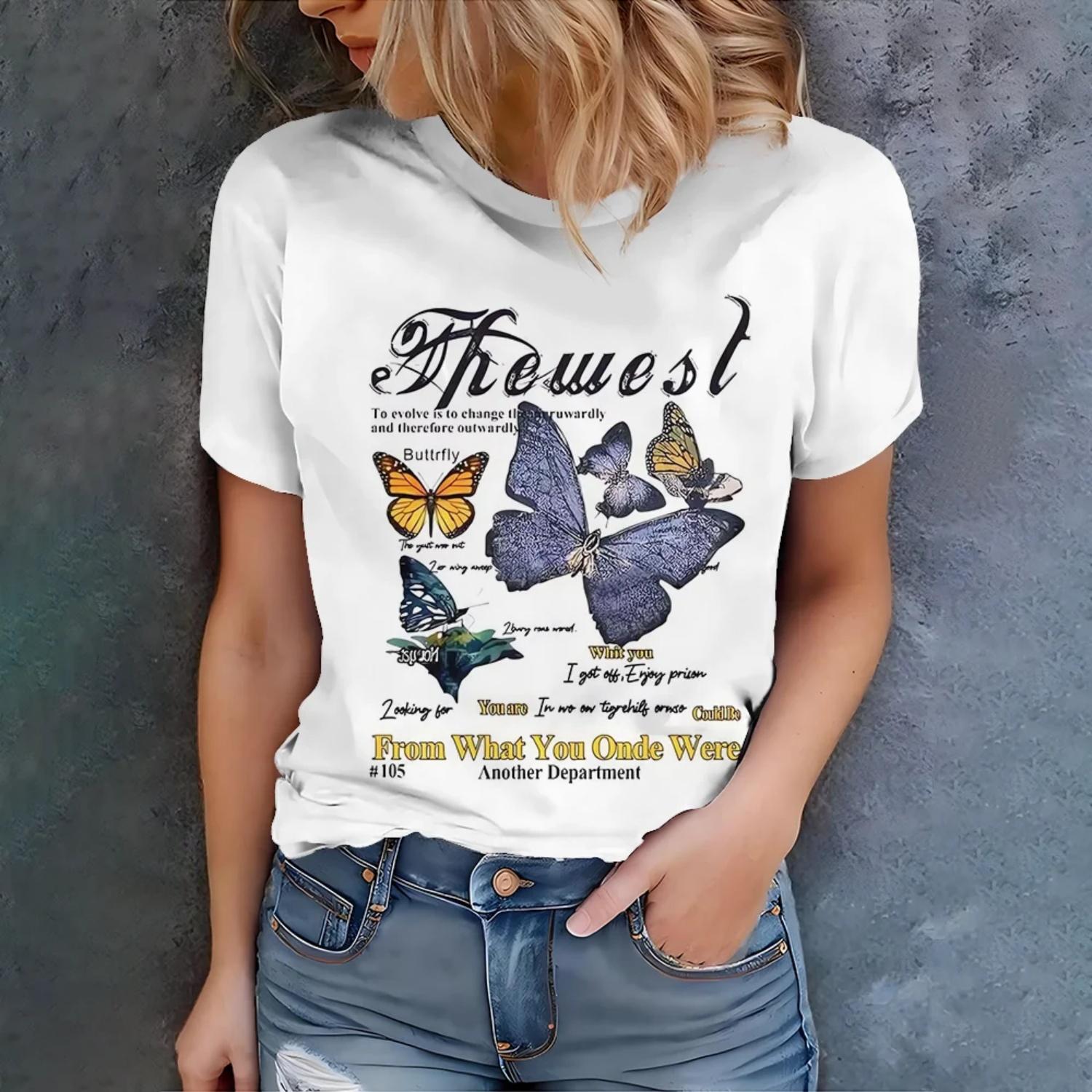 Retro butterfly print T-shirt Women Summer New Fashion Design short sleeves T-shirt Top female clothing S
