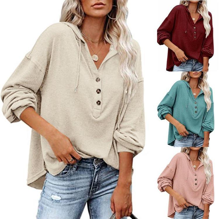 Autumn Winter Women Casual Loose V Neck Hoodie Top Solid Color Single Breasted Shirt