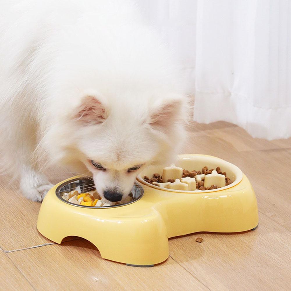 2-in-1 Slow Feeding Bowl for Pets with Double Stainless Steel Bowls - Anti-choking Food and Water Bowl for Dogs/cats,
