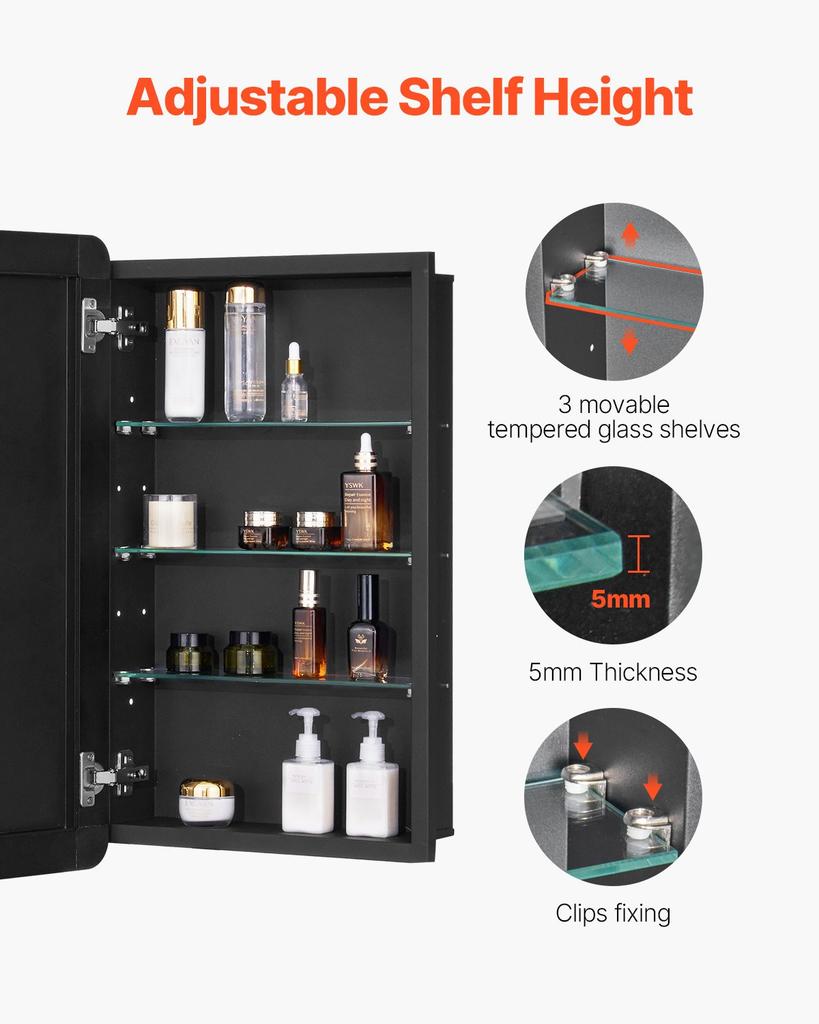 VEVOR Medicine Cabinet, 16.5 x 27.5 inch, Medicine Cabinet for Bathroom with Mirror, Aluminum Frame Bathroom Wall Cabinet, 3-layer Adjustable Shelves