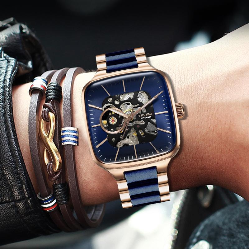 TEVISE Automatic Watches Men Mechanical Business Automatico Square Clock Stainless Steel Strap Business Sports Watch